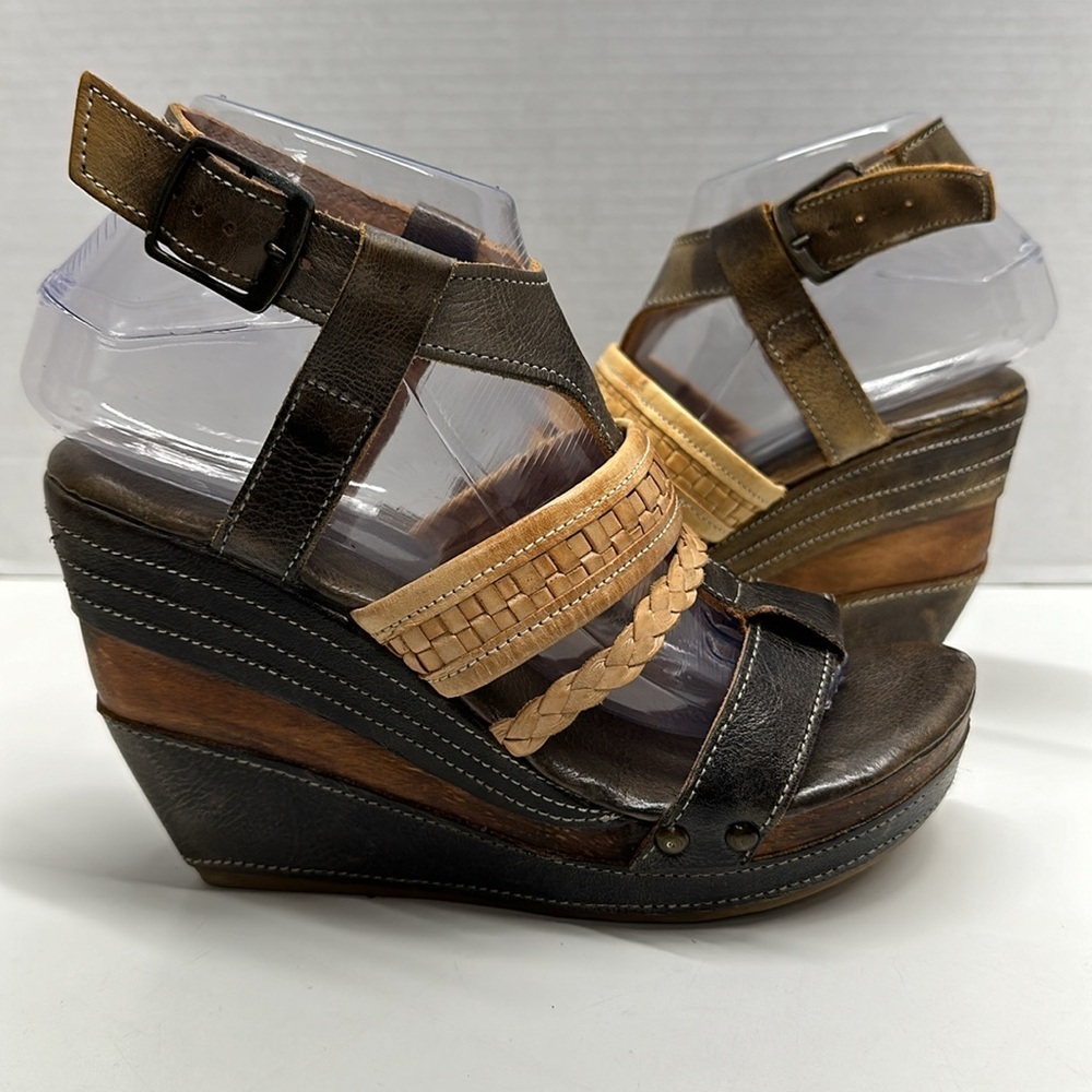 Bed Stu Brown and Tan Leather Wedge Sandals